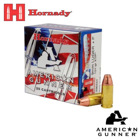 Munitions Hornady American Gunner 9mm Luger +P 124 gr XTP 25/boîte