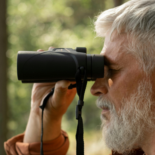 Hunter using binoculars during early morning hunt